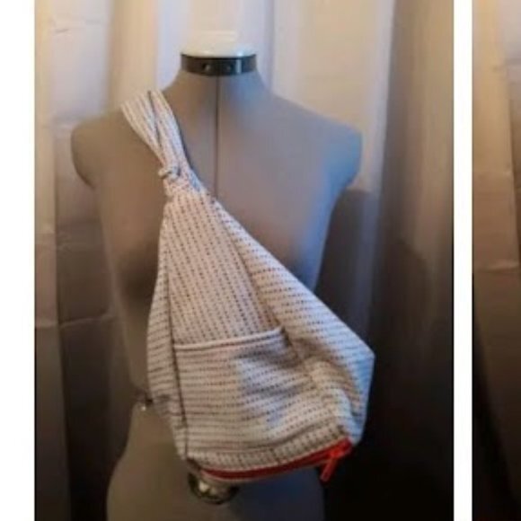 Double Handle Sling Purse Backpack Bag Blue Denim Polla Dot Red Multi Zippers - Picture 3 of 14